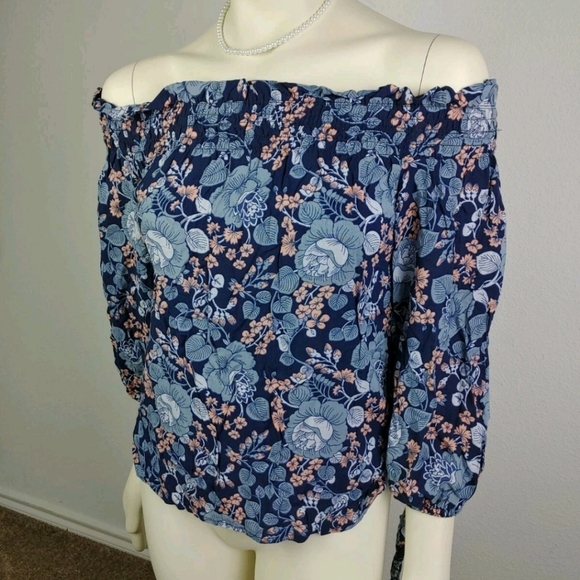 Seven7 Floral Off-Shoulder Blouse - Navy and Light Blue - Picture 3 of 10
